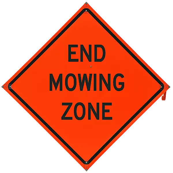 End Mowing Zone Safety Roadside Roll-Up Sign with Frames - 36 Inch Sign