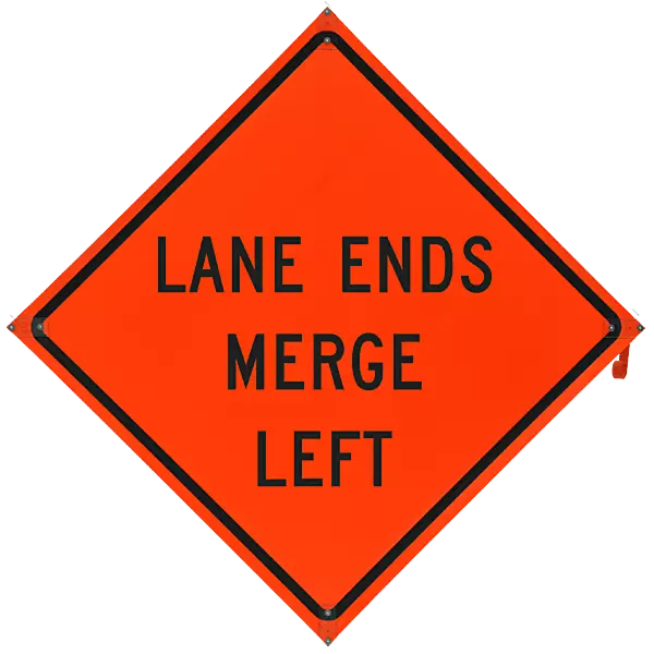 Lane Ends Merge Left Safety Roadside Roll-Up Sign with Frames - 36 Inch Sign