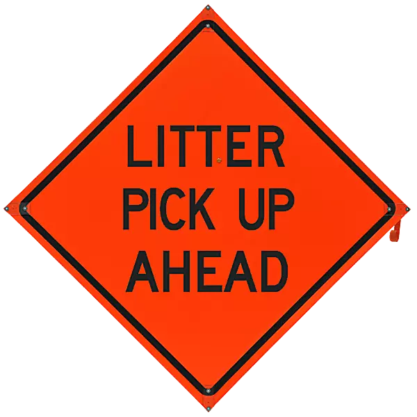 Litter Pick Up Ahead Safety Roadside Roll-Up Sign with Frames - 36 Inch Sign