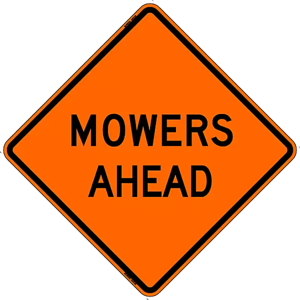 Mowers Ahead Safety Roadside Roll-Up Sign with Frames - 36 Inch Sign