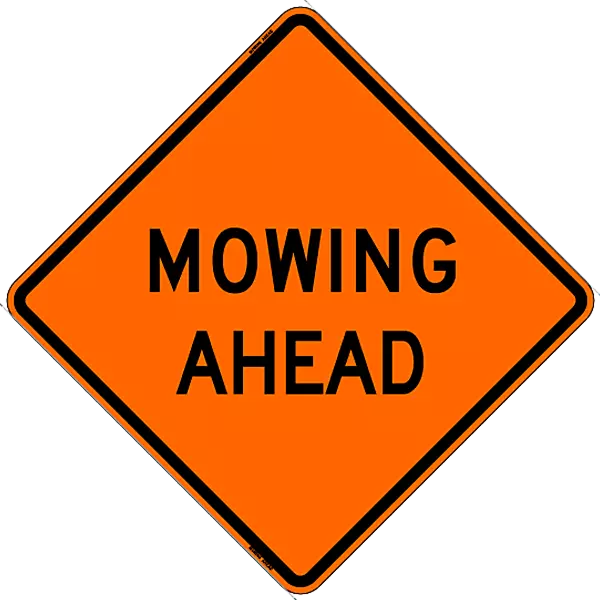 Mowing Ahead Safety Roadside Roll-Up Sign with Frames - 36 Inch Sign