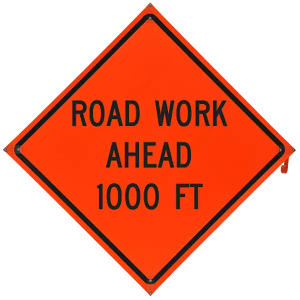 Road Work Ahead 1000ft. Safety Roadside Roll-Up Sign with Frames - 36 Inch Sign