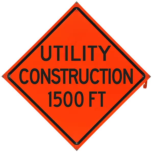 Utility Construction 1500 ft. Safety Roadside Roll-Up Sign with Frames - 36 Inch Sign