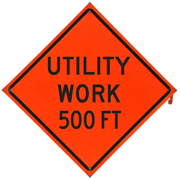 Utility Work 500 ft. Safety Roadside Roll-Up Sign with Frames - 36 Inch Sign