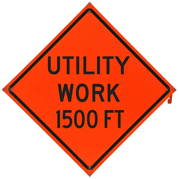 Utility Work 1500 ft. Safety Roadside Roll-Up Sign with Frames - 36 Inch Sign